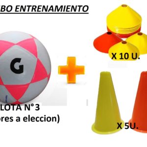 COMBO PELOTA NUMERO 3 MEDIO PIQUE + 10 CONOS TORTUGA + 5 RIGIDOS