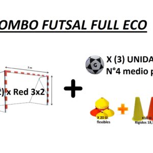 COMBO FUTSAL COMPLETO, JUEGO REDES 3X2 + 3 PELOTAS N°4 + CONOS.